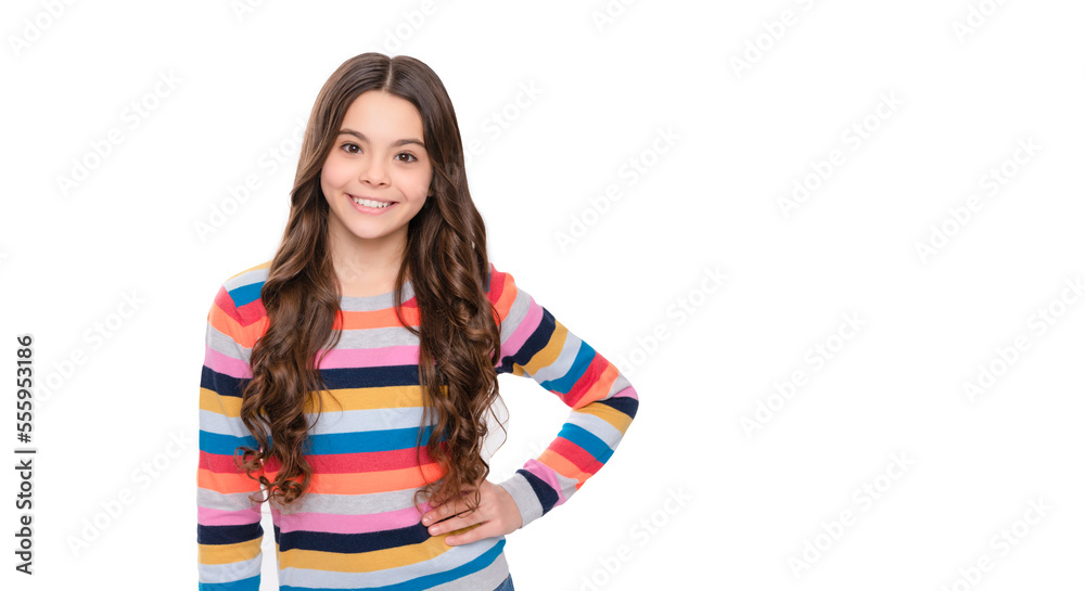 Happy school-aged female child smile in striped sweater isolated on white. Child face, horizontal poster, teenager girl isolated portrait, banner with copy space. Happy school-aged female child smile in striped sweater isolated on white. Child face, horizontal poster, teenager girl isolated portrait, banner with copy space.
