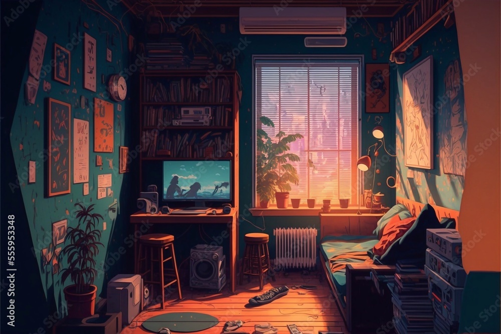 Naklejka premium Lofi room, beautiful chill, atmospheric wallpaper. background. lo-fi, hip-hop style. Anime and manga style.