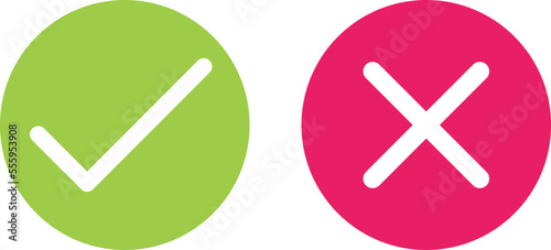  Checkmark and cancel mark icons . Tick and cross signs. Green checkmark ok and red x icons vector. Circle symbols yes and no button