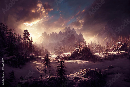 Beautiful picturesque landscape with forest and mountains, snowy winter scene, sunlight, AI generated image