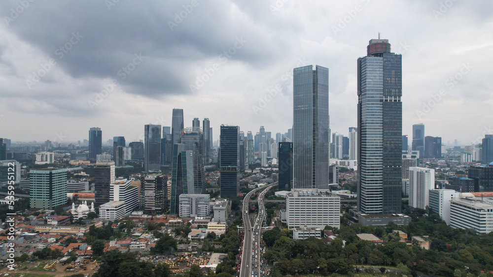 Aerial view of Asia Business concept for real estate - panoramic modern cityscape building bird eye aerial view and morning blue bright sky in Jakarta. 