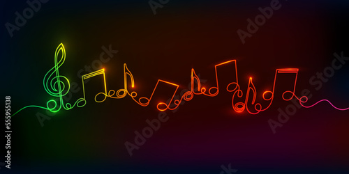 Neon music.Musical notes .Continuous line drawing.Vector illustration.