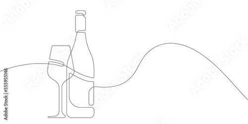 Wine bottle with glass.Alcoholic drink drawing.line art.Vector illustration .