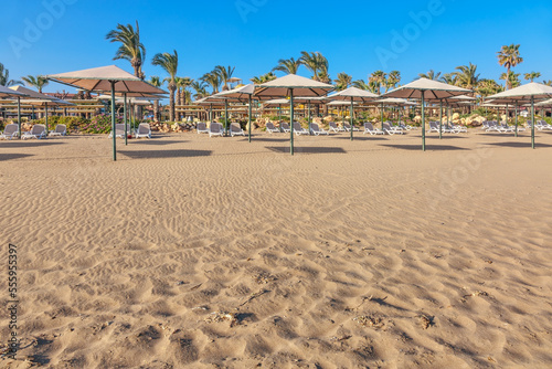 Fototapeta Naklejka Na Ścianę i Meble -  Empty sandy beach in sunny weather under blue sky in not season time