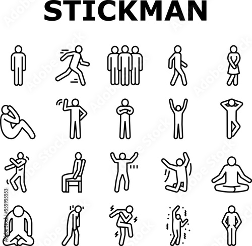 stickman man people silhouette icons set vector. pictogram human, stick person, figure posture, body position male character movement stickman man people silhouette black contour illustrations