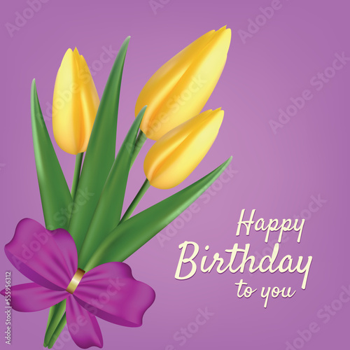 Happy birthday card. Realistic design. Bouquet of tulips. Vector illustration