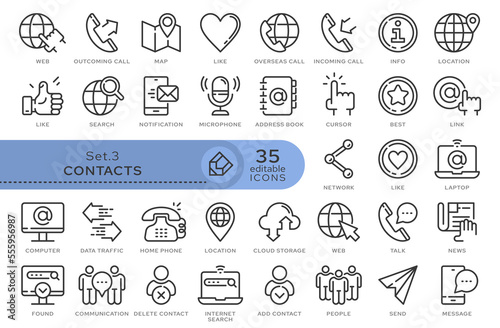Set of conceptual icons. Vector icons in flat linear style for web sites, applications and other graphic resources. Set from the series - Contacts. Editable outline icon. 