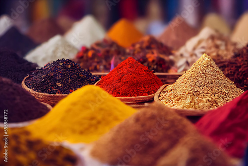 Piles of spices on display at a Moroccan souk market in a medina, generative AI photo