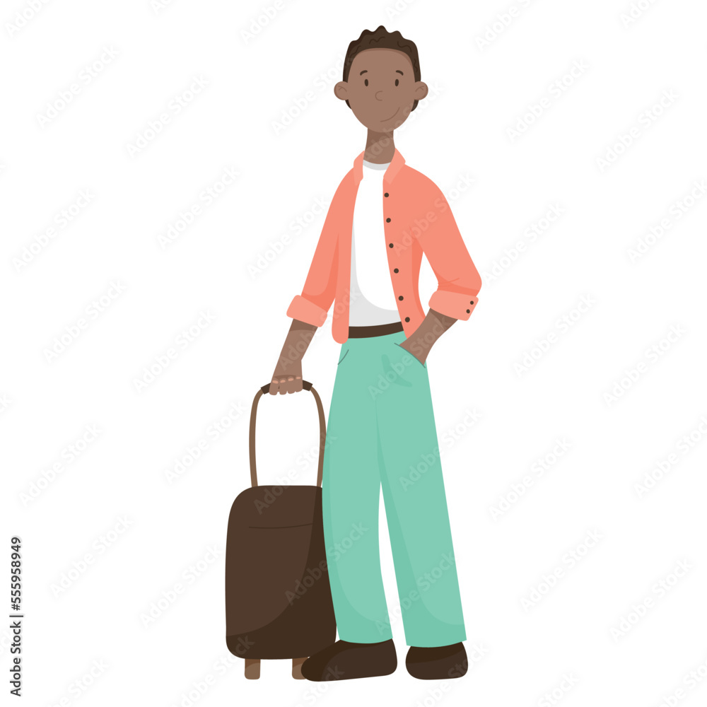 Vector isolated illustration of cartoon african american male traveler with suitcase. Vector isolated illustration of cartoon african american male traveler with suitcase.
