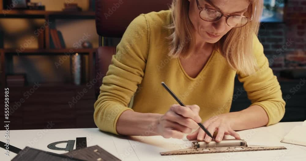 Woman architect drawing blueprints of a building while working in the office Woman architect drawing blueprints of a building while working in the office