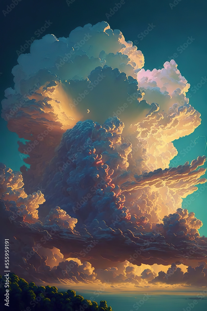 Beautiful summer clouds, fantasy landscape, art illustration Beautiful summer clouds, fantasy landscape, art illustration