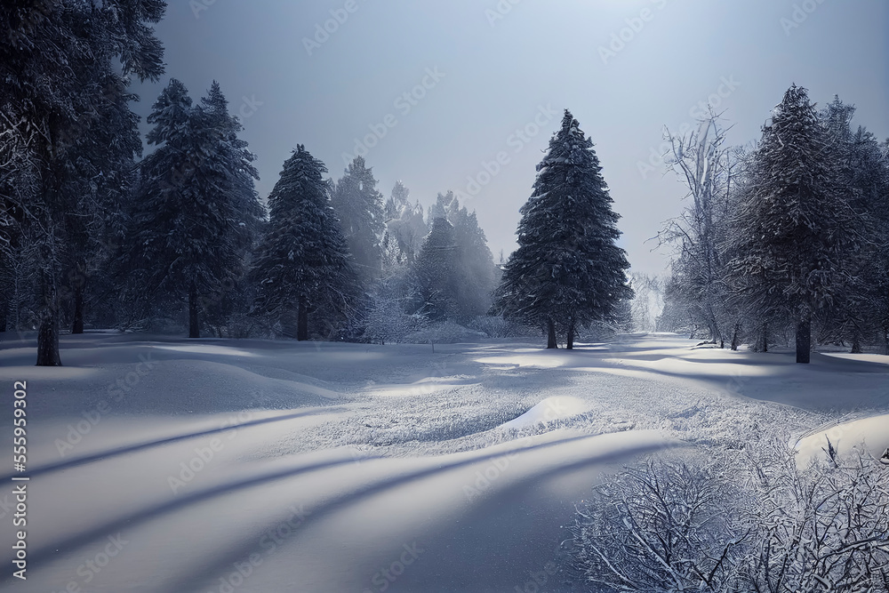 Winter Christmas landscape with snow covered trees and snowdrifts, generative AI