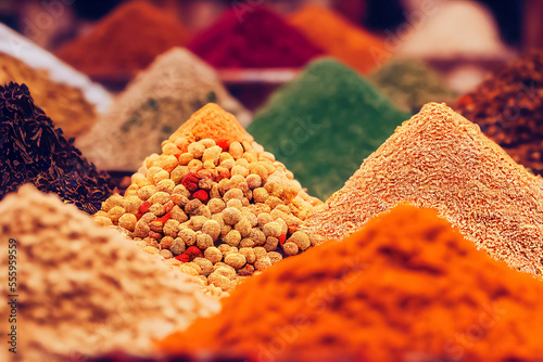 Piles of spices on display at a Moroccan souk market in a medina, generative AI photo