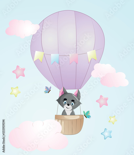 Cute cat. Funny illustration of a kitty in air balloon. 