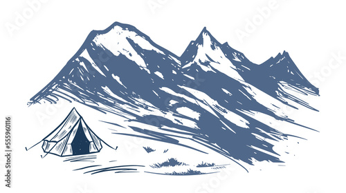 Camping in nature, mountains, hand drawn illustrations	
