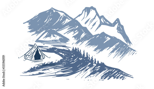 Camping in nature, mountains, hand drawn illustrations	
