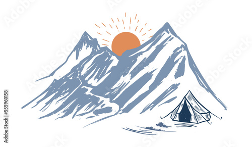 Camping in nature, mountains, hand drawn illustrations	
