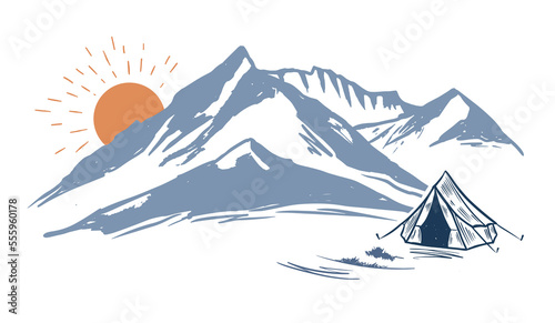 Camping in nature, mountains, hand drawn illustrations	
