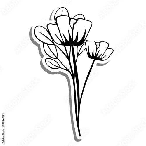 Monochrome two flowers and leaves on white silhouette and gray shadow. Vector illustration for decoration or any design.