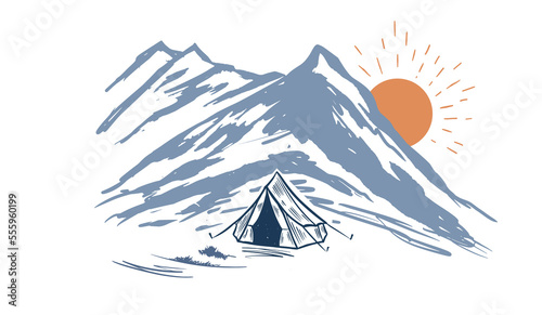 Camping in nature, mountains, hand drawn illustrations	
