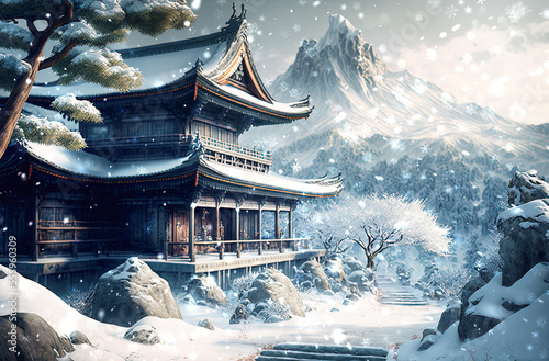 Old japanese temple in winter landscape at snowfall. Postproducted generative AI digital illustration.