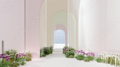 Fototapeta Naklejka Na Ścianę i Meble -  Architecture interior background arched pass with flowers 3d render