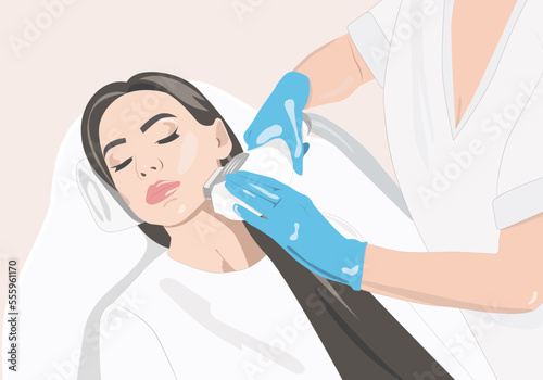 Illustration. Epilation hair removal procedure on a woman’s face. Beautician doing laser rejuvenation in a beauty salon. Removing unwanted body hair. 