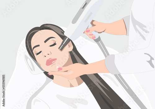 Illustration.Cosmetologist doing carbon peeling procedure to beautiful girl in a beauty salon. Hardware cosmetology treatment.