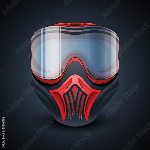 Realistic red and black paintball mask with transparent goggles on dark blue gradient background