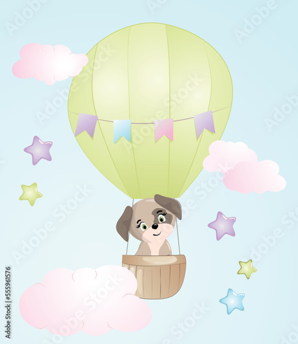 Cute dog. Funny illustration of a puppy in air balloon. 