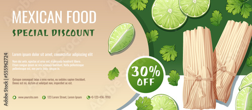 Discount voucher, mexican food template design. Coupon with tamales and lime and cilantro. Banner, poster, flyer, advertising for a restaurant.