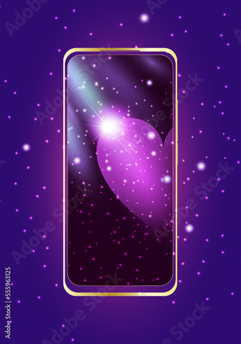 Smart phone screen with Valentine's Day or birthday wallpaper. Shining sparkling heart on dark background. EPS10 vector illustration.