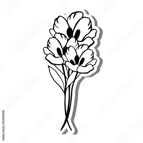 Monochrome Three Flowers on white silhouette and gray shadow. Vector illustration for decoration or any design.
