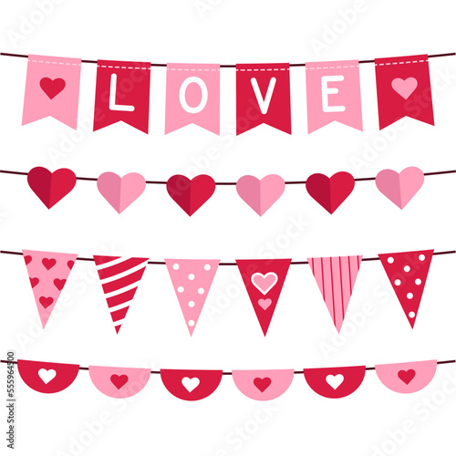 Vector set of flags garland for Valentine's day. Isolated cartoon pennant variations on white background