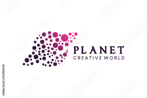 Planet icon logo design, abstract globe planet vector illustration with dots concept