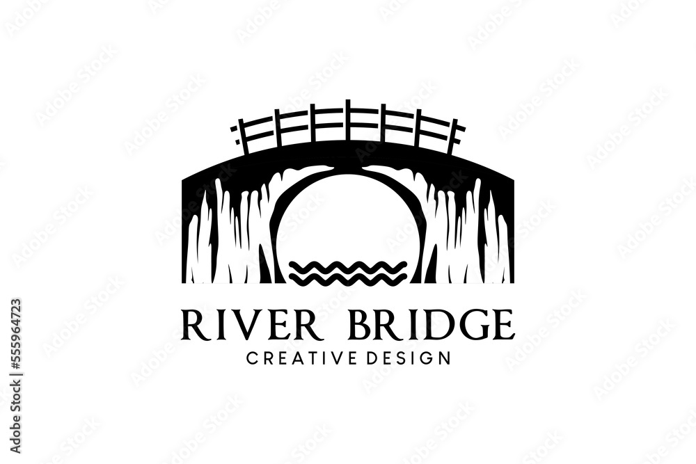River bridge vector illustration logo design, wooden bridge vintage style