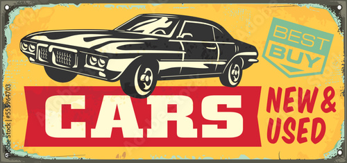 Car graphic on old yellow metal sign. Cars dealer retro advertisement design concept. Transportation vintage vector illustration.