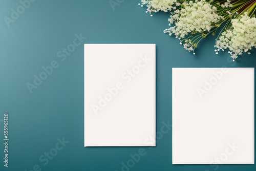 Mockup for a letter or wedding invitation with branches and leaves. Natural light and shade coverage. Flat lay, Natural light and shade.