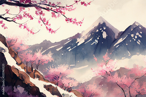 Japanese landscape with Mount Fuji and sakura cherry tree in blossom, ai illustration photo