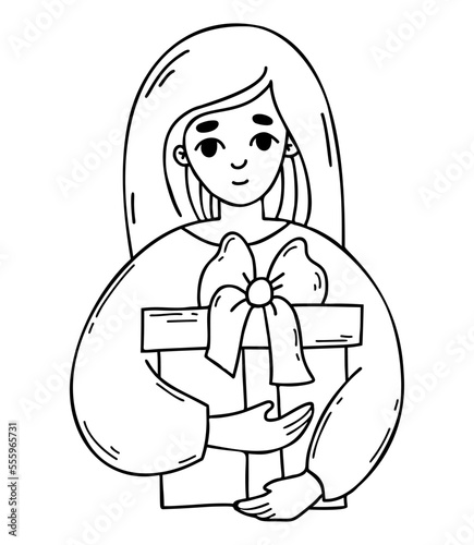 Cute girl with big gift box. Vector linear hand drawn doodle. Female character for design of holiday themes.