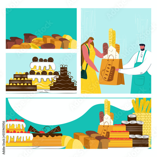 Bakery banner set, vector illustration. Baker man give pastry product to woman flat people. Food element from flour dough concept design