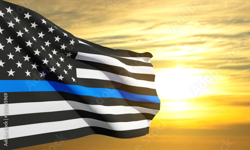 Thin Blue Line. American flag with police blue line on a background of sunset. Support of police and law enforcement. EPS10 vector