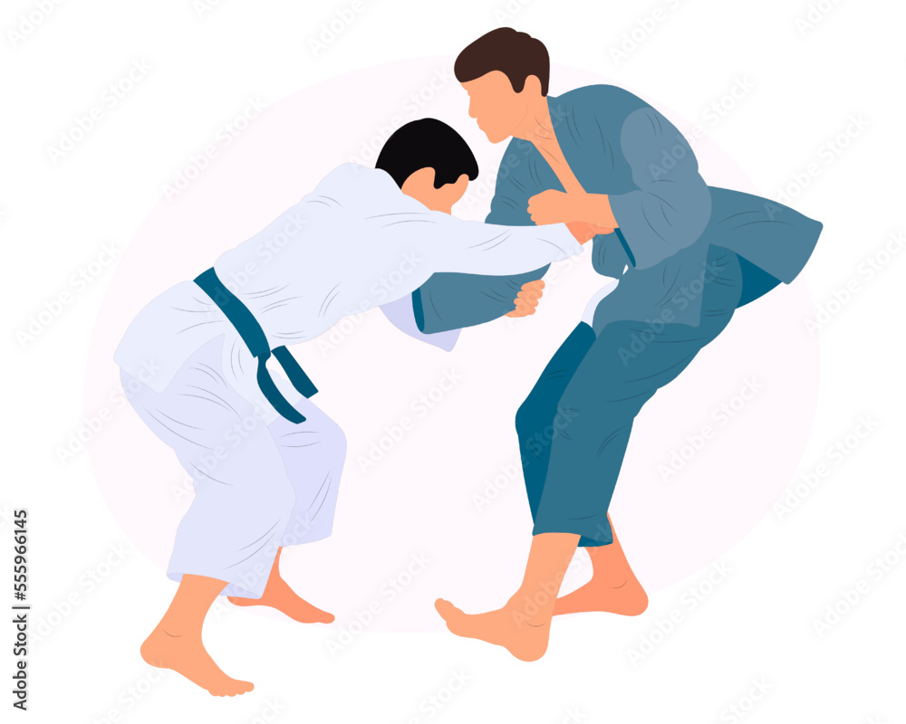 Athlete judoist, judoka, fighter in a duel, fight, match. Judo sport, martial art. Flat style. Athlete judoist, judoka, fighter in a duel, fight, match. Judo sport, martial art. Flat style.