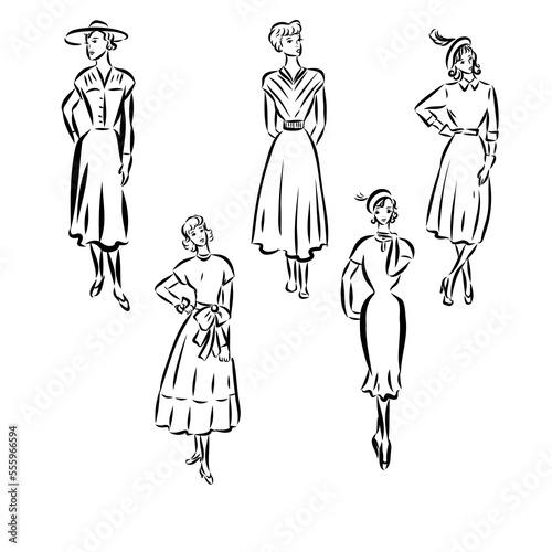 ladies . woman figure collection. Vintage Hand Drawn big set. Fashion and clothes. Retro Illustration in engraving style