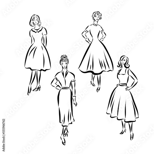 ladies . woman figure collection. Vintage Hand Drawn big set. Fashion and clothes. Retro Illustration in engraving style