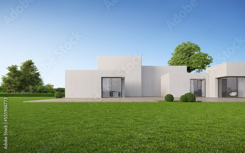 Modern exterior of white boxes house with lawn and blue sky.3d rendering photo
