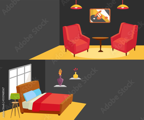 Interior carpentry furniture in house design set, vector illustration. Living...