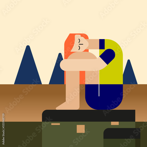 Sad girl with long hair sitting on a stone by the water against the backdrop of an autumn landscape. A minimalist flat illustration on folk tales