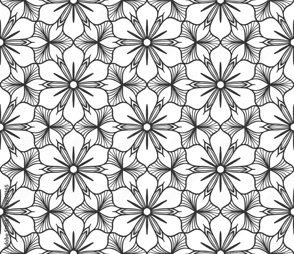 Floral seamless pattern. Repeat hand drawn abstract flower buds. Botanical black lace background. Flat fashion summer garden textile texture. Retro spring elegant monochrome geometric wallpaper Floral seamless pattern. Repeat hand drawn abstract flower buds. Botanical black lace background. Flat fashion summer garden textile texture. Retro spring elegant monochrome geometric wallpaper