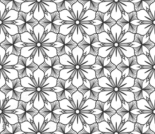 Floral seamless pattern. Repeat hand drawn abstract flower buds. Botanical black lace background. Flat fashion summer garden textile texture. Retro spring elegant monochrome geometric wallpaper